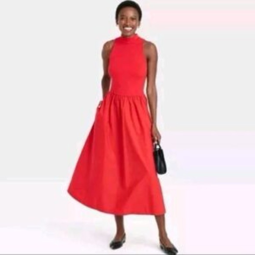 NWT Red mock turtleneck sleeves dress with pockets
